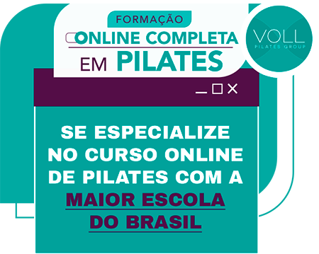 Logo da Formação Online Completa em Pilates com uma janela de chat escrito "Se especialize no curso online de Pilates com a maior escola do Brasil"